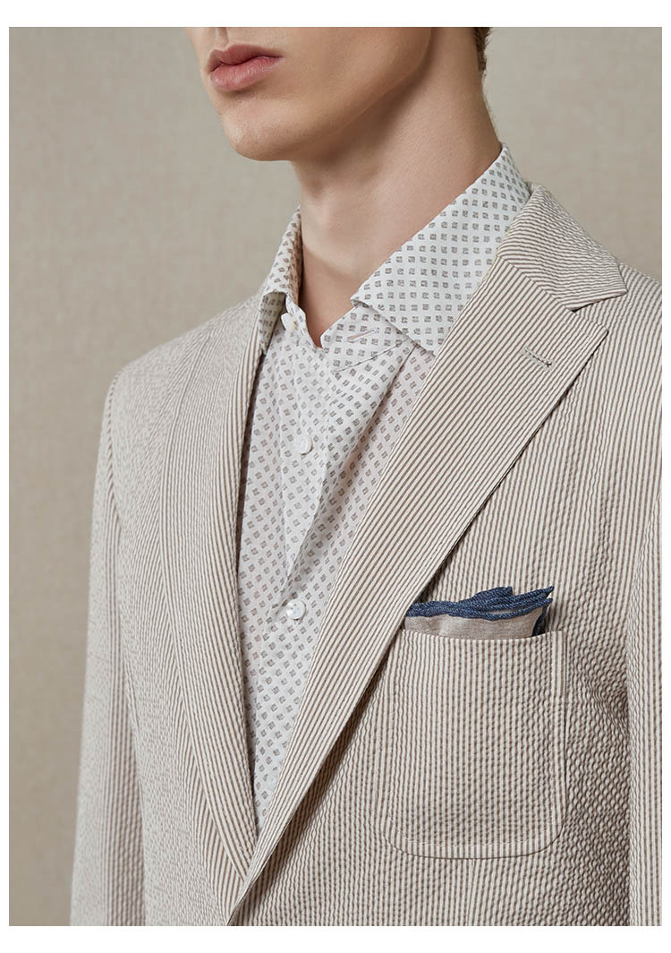 creations/柏品意大利进口棉薄款修身西装条纹泡泡纱休闲男士西服外套