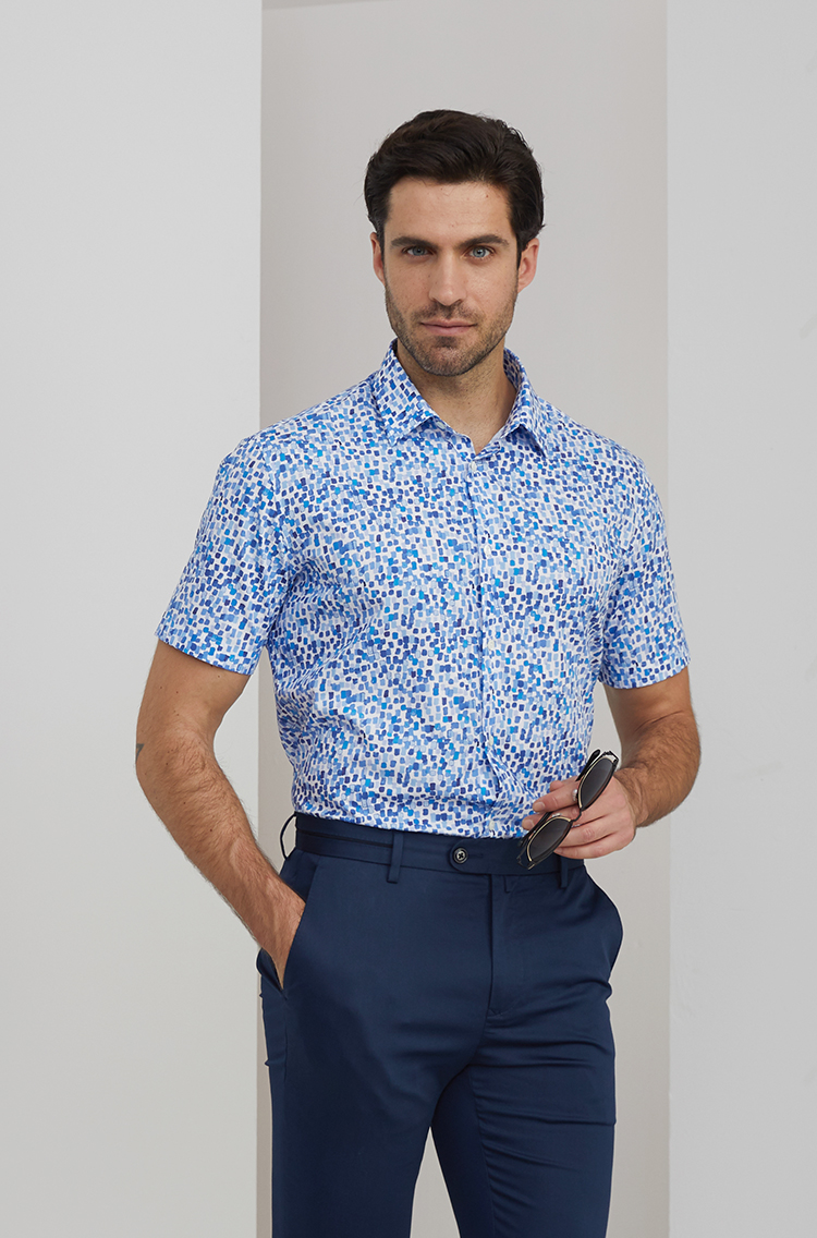 tombolini/东博利尼男士短袖衬衫夏季奥利地getzner面料全棉印花衬衫