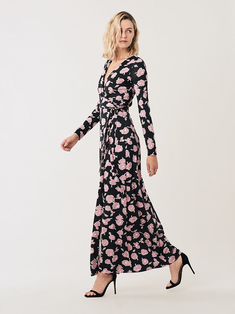 【19春夏】黑色粉玫瑰图案女士连衣裙裹身裙dianevonfurstenberg/dvf